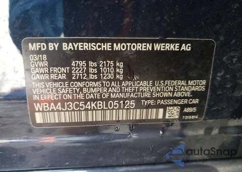 2019 BMW 430Xi Gran Coupe from USA, damaged, VIN WBA4J3C54KBL05125